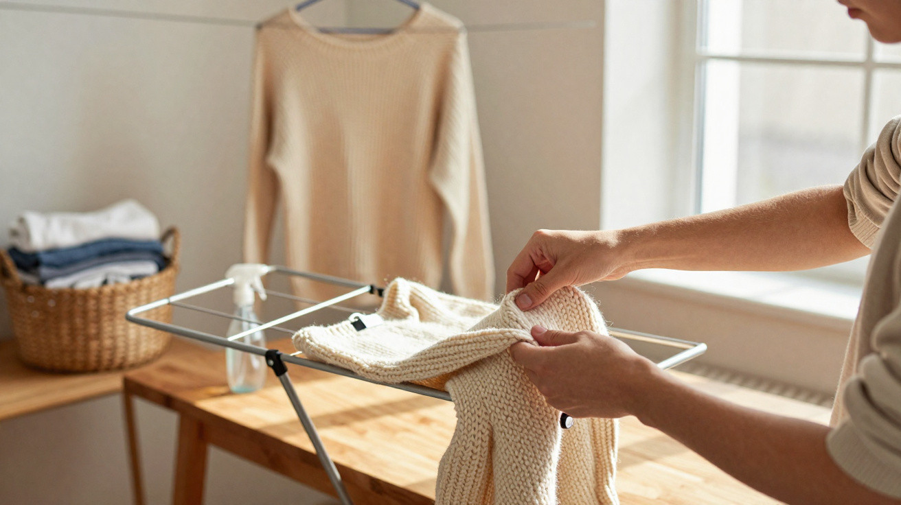 Person folding a cream knitted sweater on a drying rack in a bright room with laundry basket and hanging jumper.