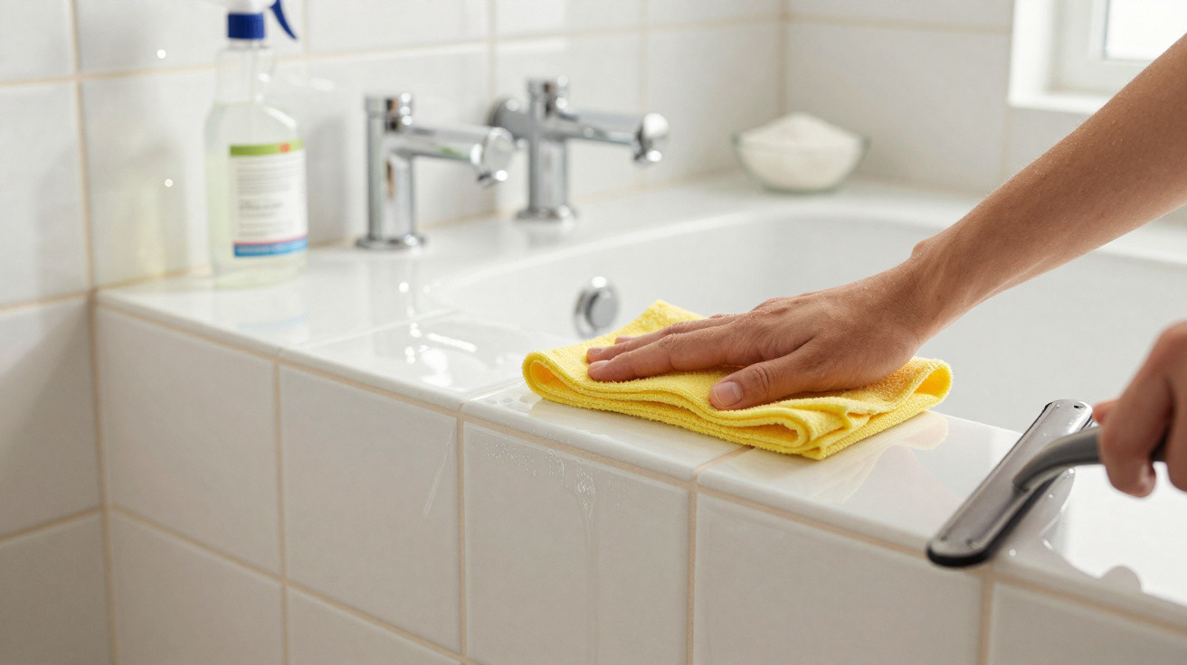 Person cleaning bathroom tiles with a yellow cloth and spray bottle near a white sink with taps.