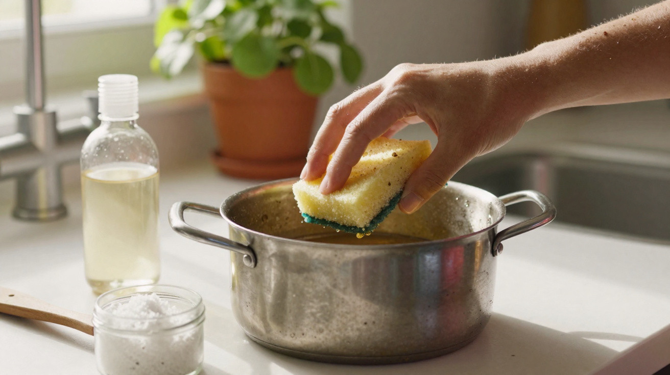 Hand cleaning a stainless steel pot with a yellow sponge on a kitchen counter with cleaning supplies nearby.
