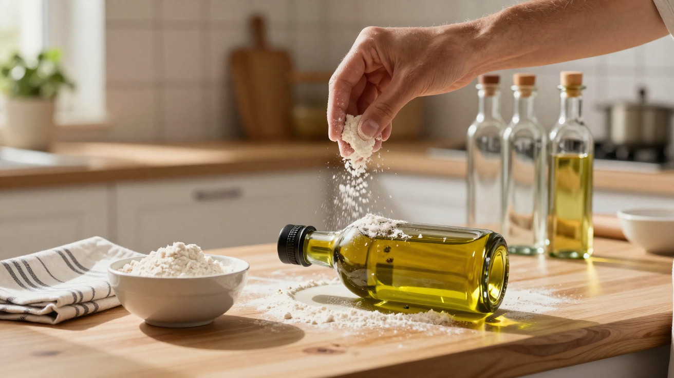 Hand sprinkling flour over a tipped bottle of olive oil on a wooden kitchen counter.