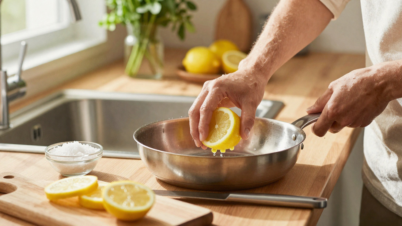 Person squeezing lemon over a stainless steel frying pan in a bright kitchen.