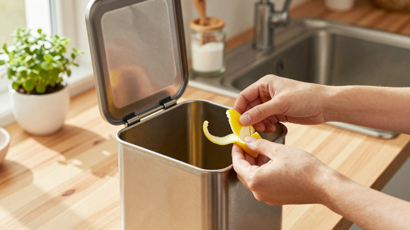 Person peeling a lemon over a small stainless steel kitchen compost bin on a wooden countertop.