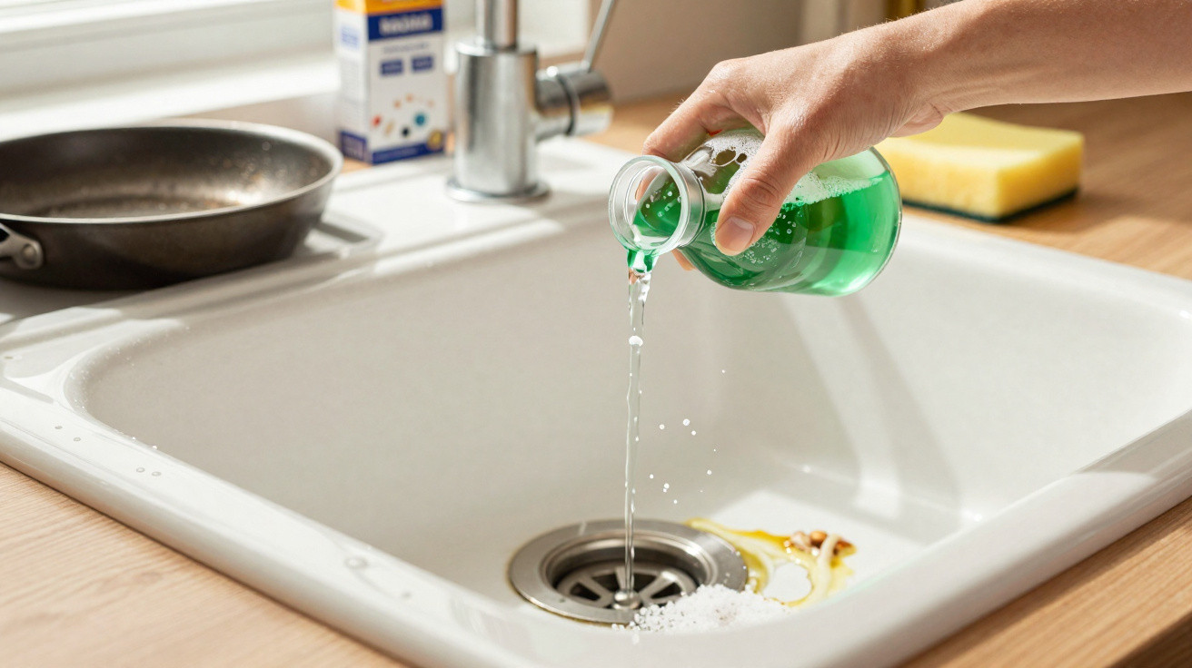 Hand pouring green liquid detergent into kitchen sink drain with grease and salt nearby.