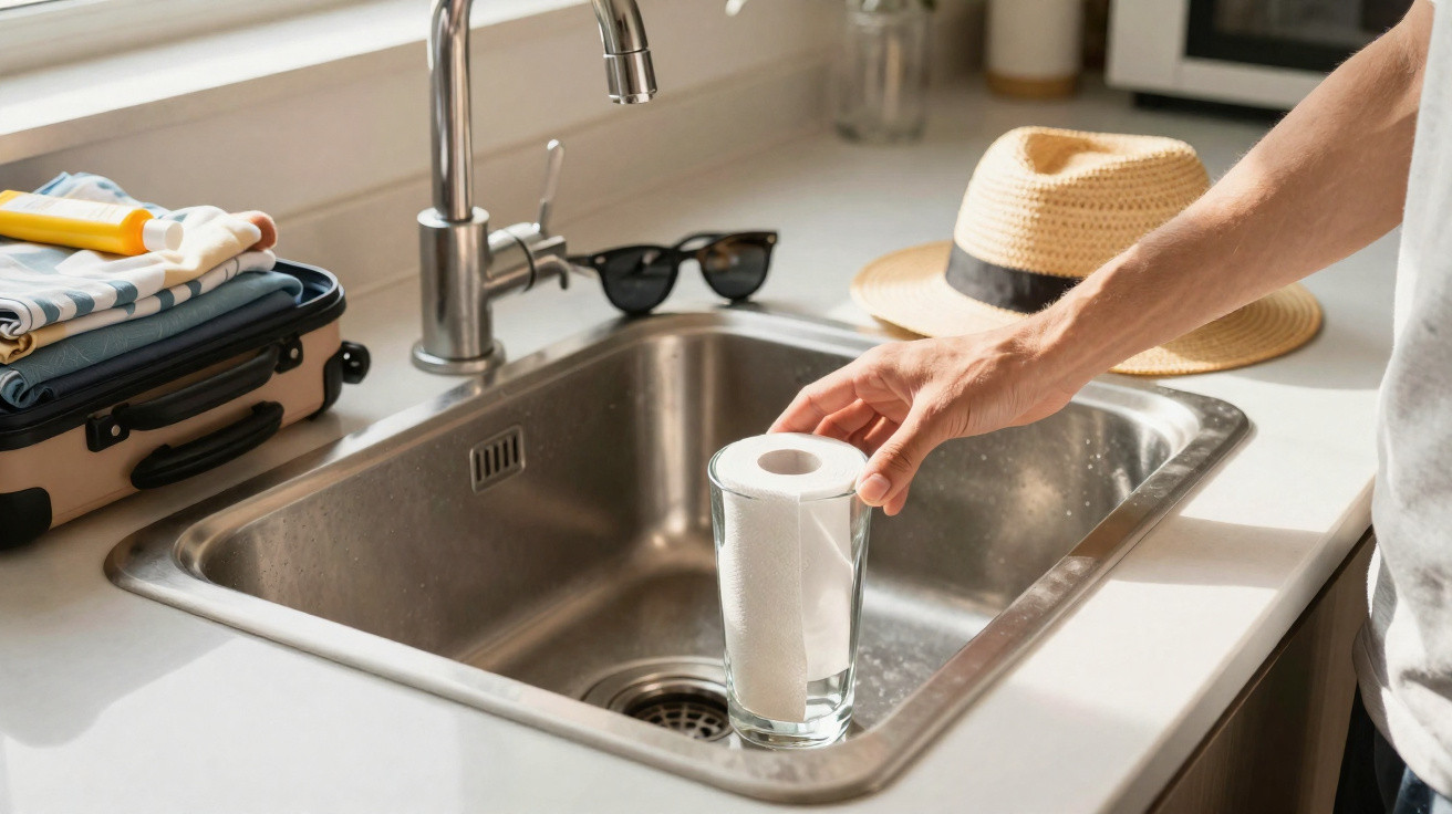Person placing a paper towel roll inside a glass in a kitchen sink with a suitcase and hat nearby.