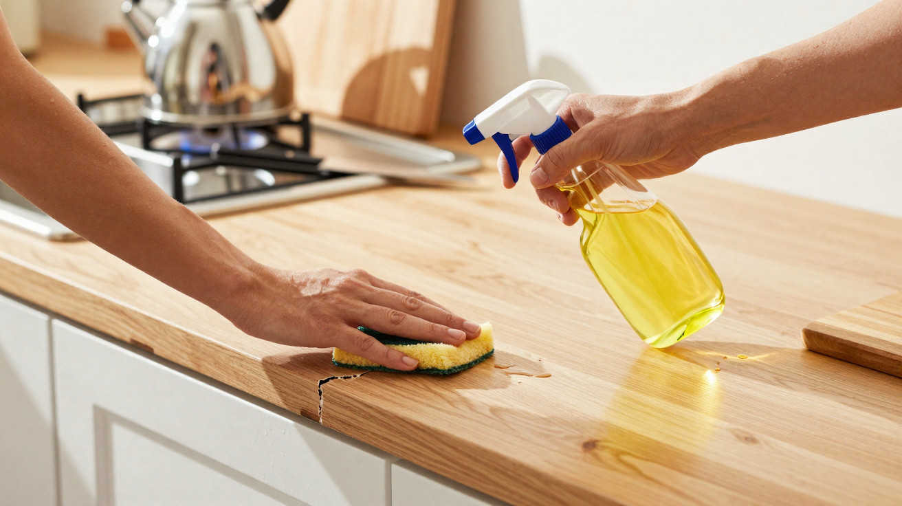 Hands cleaning a wooden kitchen countertop with yellow spray cleaner and a sponge.