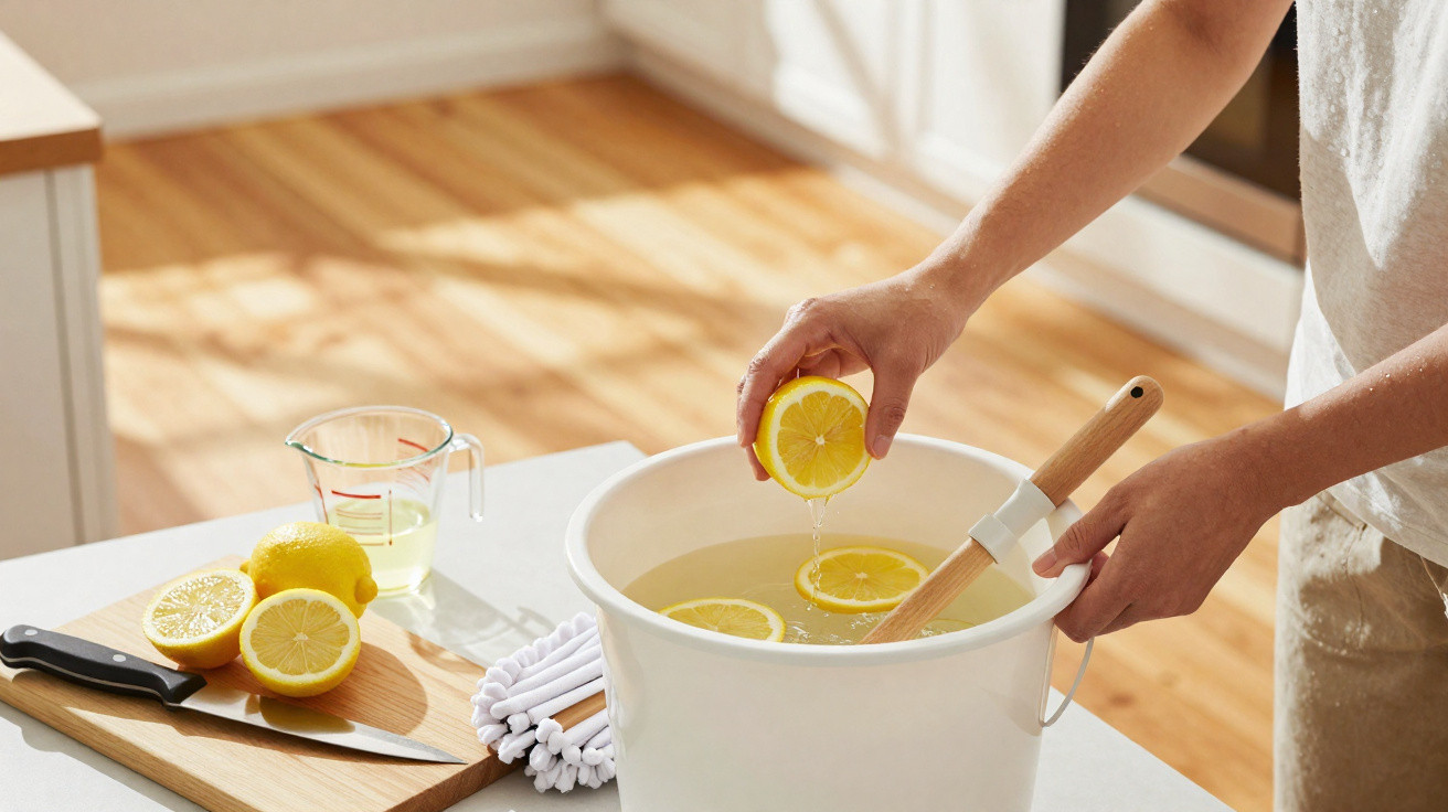 Person squeezing lemon juice into a white bucket with lemon slices and a wooden spatula on a kitchen counter.