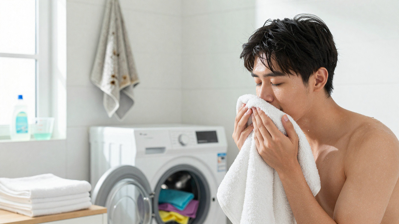Young man drying his face with a white towel in a bright laundry room beside a washing machine.