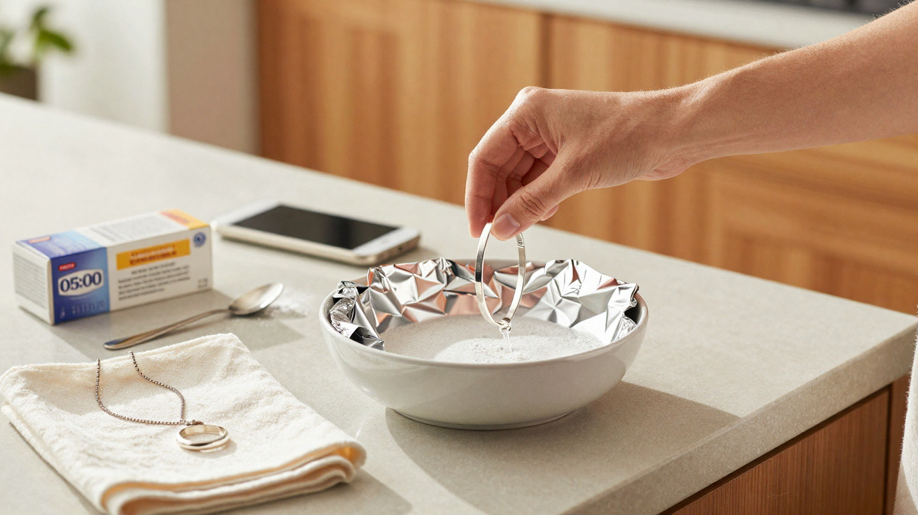Hand dipping silver jewellery into a bowl lined with foil and filled with cleaning solution on a kitchen counter.