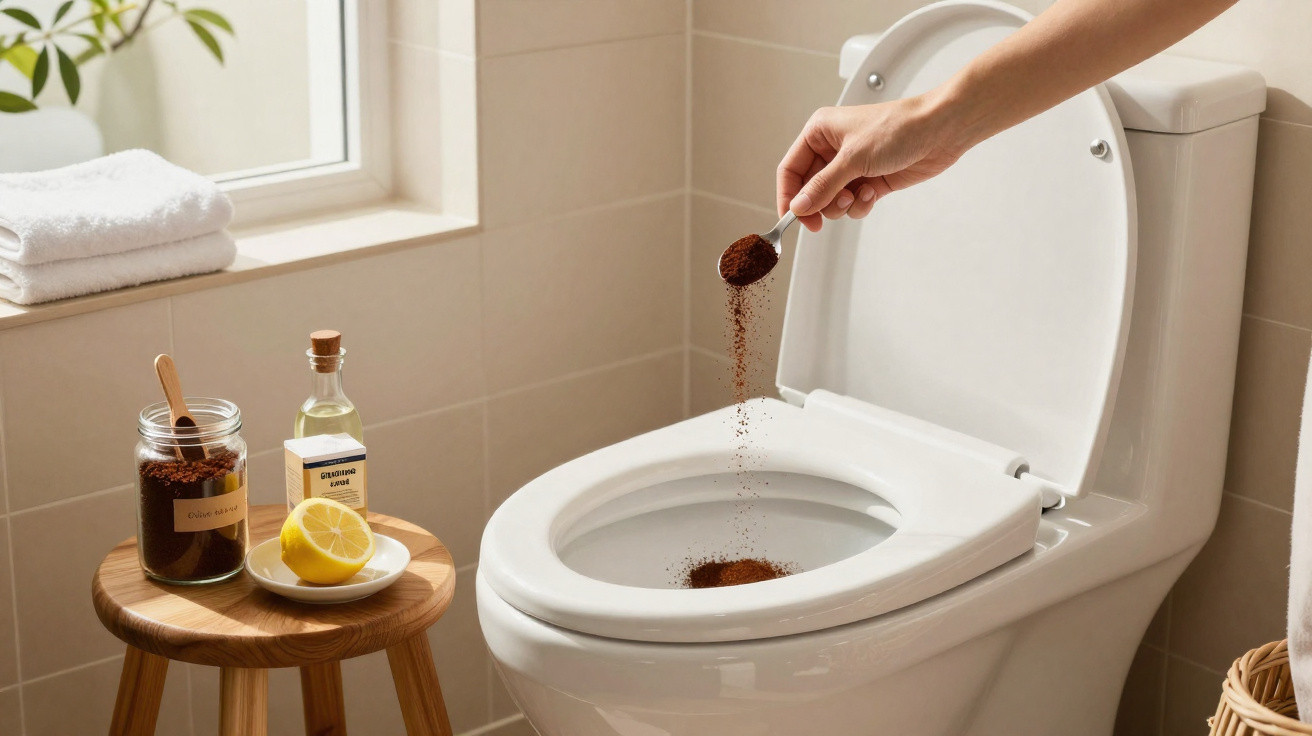 Hand pouring brown powder into a white toilet bowl, with lemon, glass jar, and bottle on wooden stool nearby.