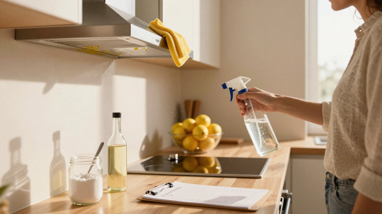 Person cleaning a modern kitchen countertop with a spray bottle near a stove and a bowl of lemons.