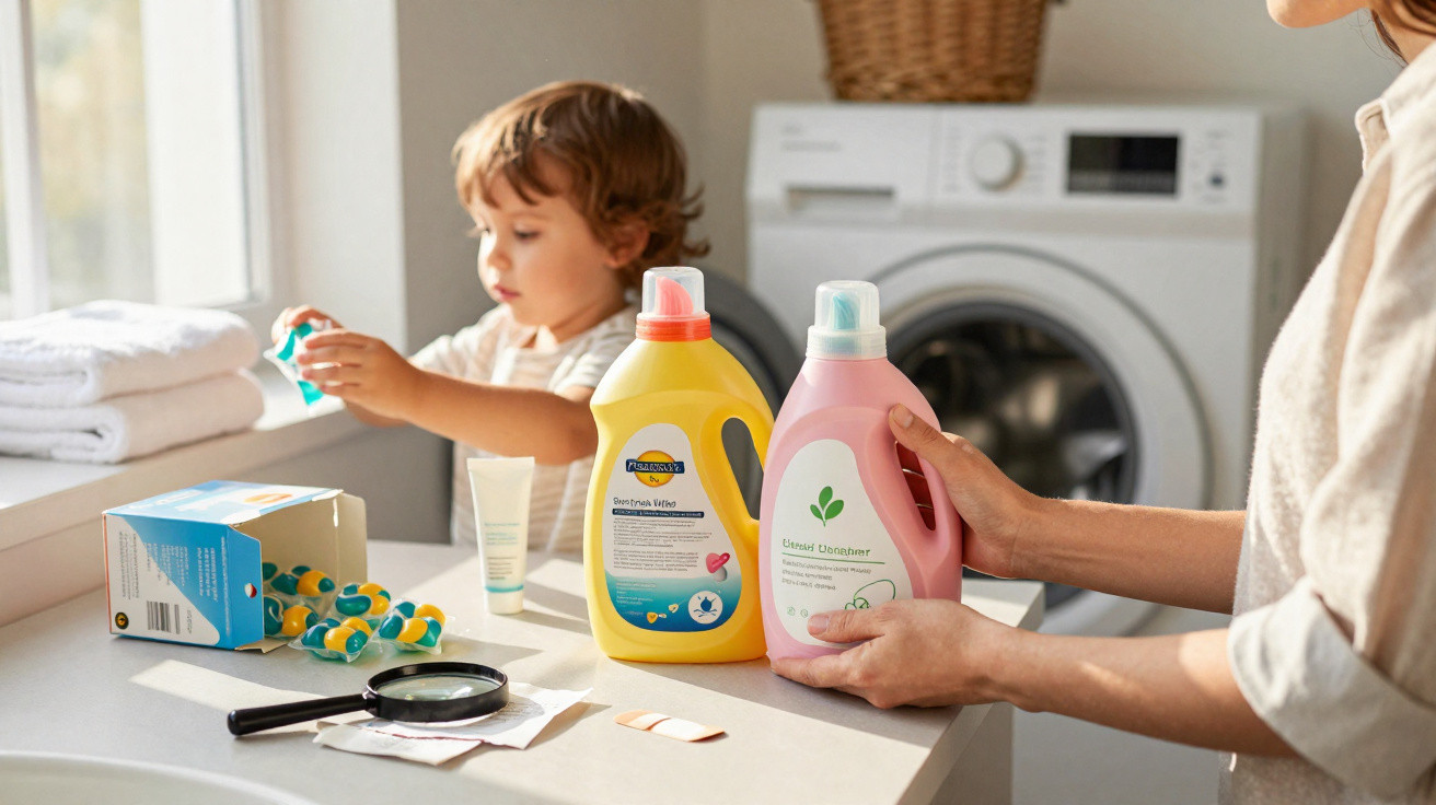 Child playing with laundry pods on laundry room counter next to adult holding detergent bottles near washing machine