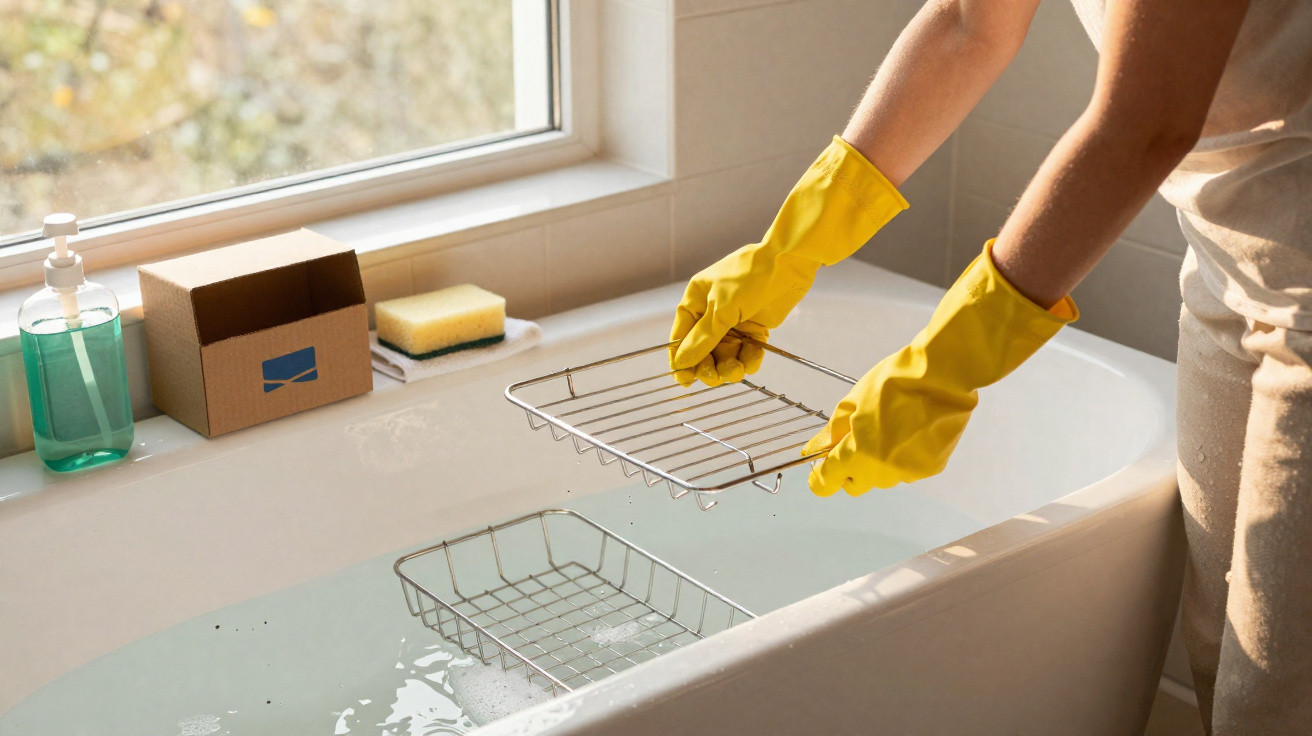 Person wearing yellow gloves cleaning metal bath racks in a bathtub filled with soapy water near a window.