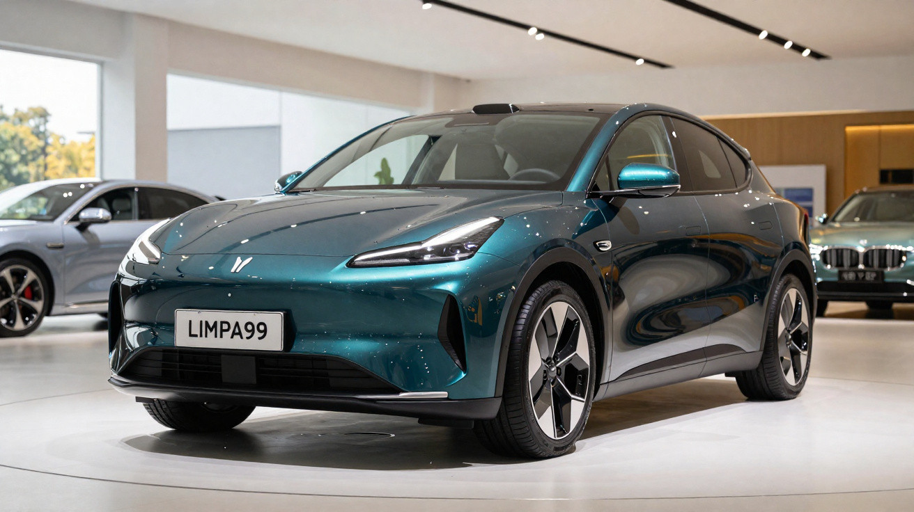 Metallic green electric car displayed in a showroom with polished floors and modern lighting.
