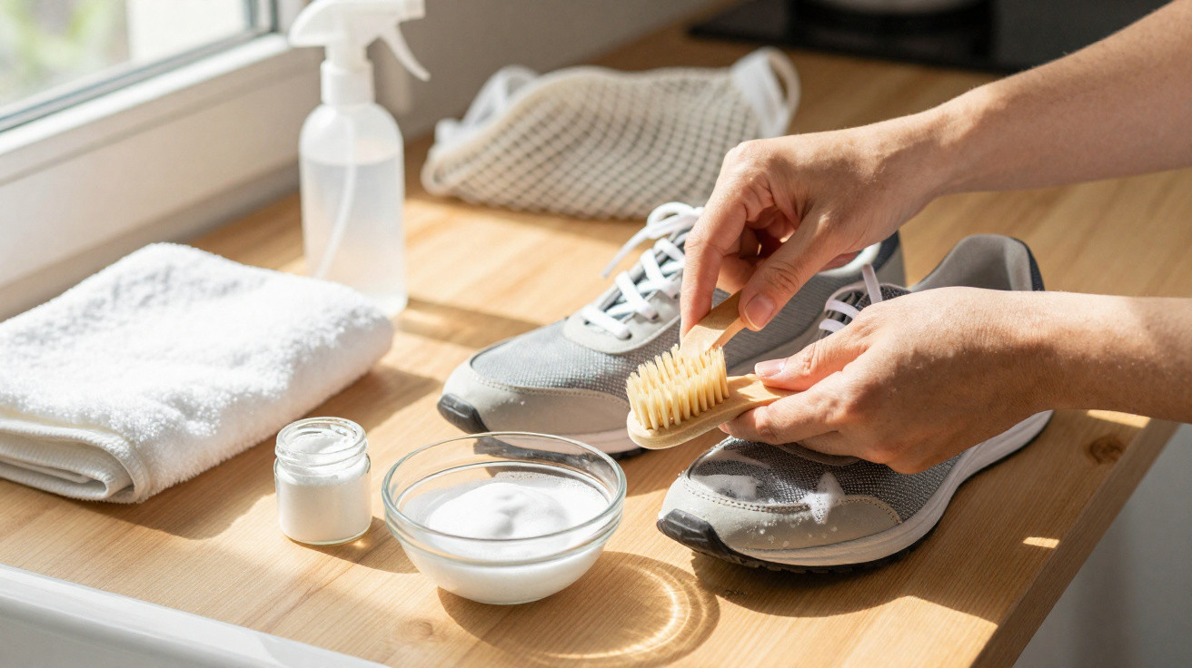 Hands cleaning grey sneakers with a brush and homemade cleaning mixture on a wooden table near a window.