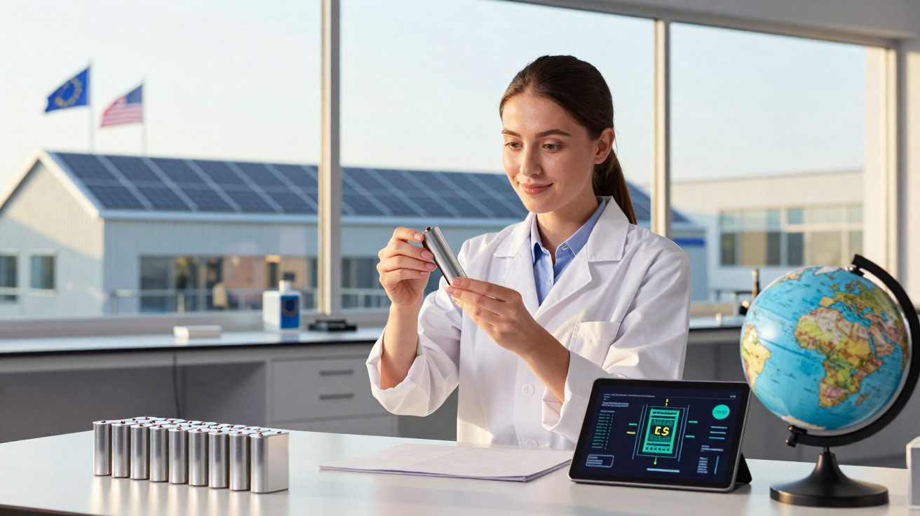 Scientist in lab coat examining cylindrical batteries at a desk with a globe and digital tablet display.
