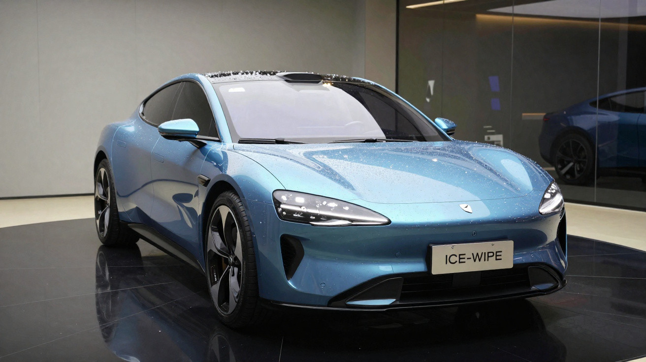 Sleek blue electric sports car with aerodynamic design displayed indoors on a glossy black platform.