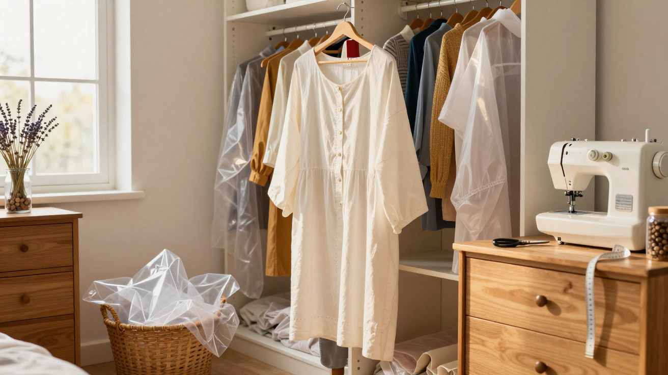 White dress hanging in a bedroom with wardrobe, sewing machine, and wicker basket near a window with flowers.