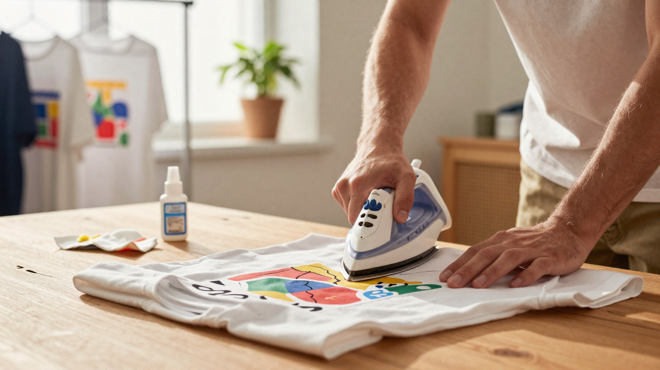 Person ironing a white printed t-shirt on a wooden table in a bright room.