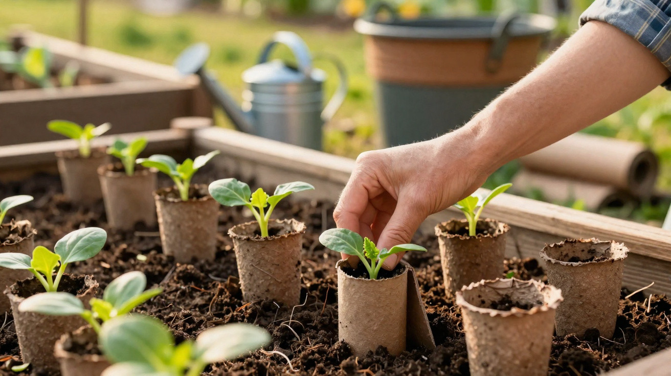 Hand planting seedlings in biodegradable pots in a raised garden bed outdoors.