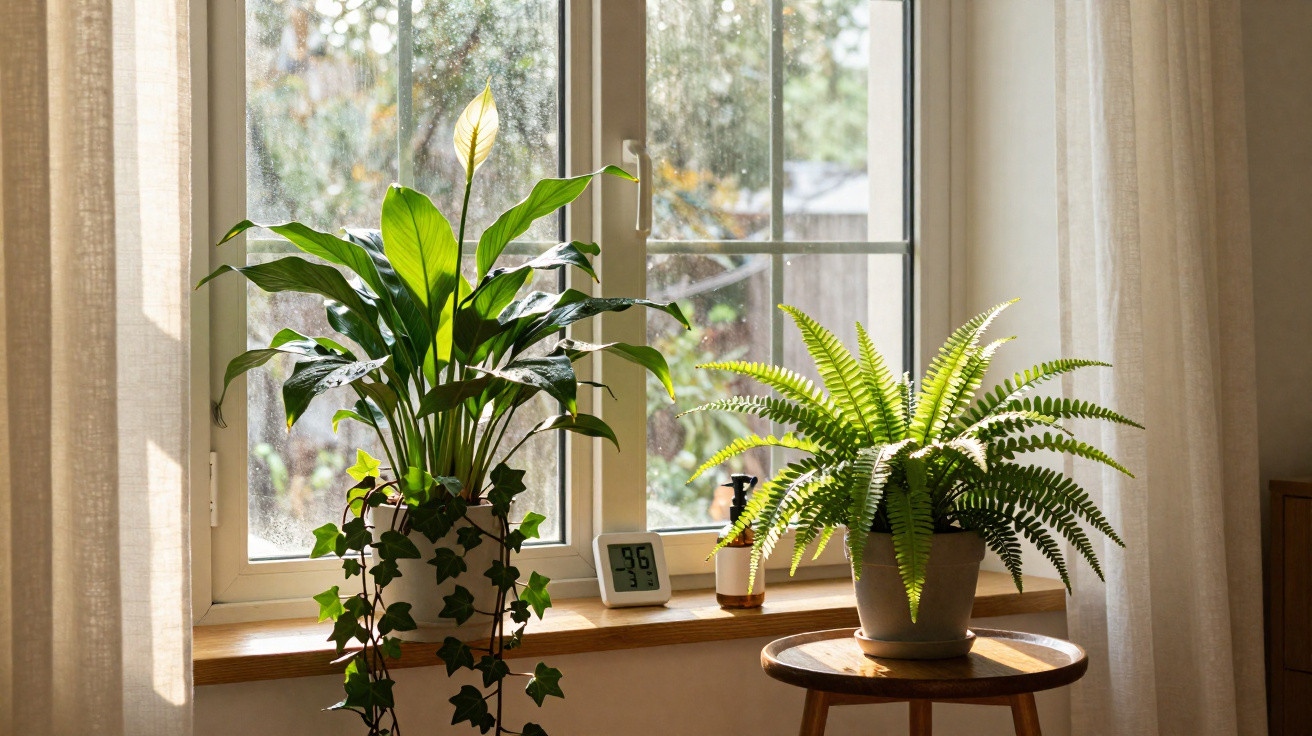 Two green potted plants on a wooden windowsill and table with sunlight streaming through a white curtain.