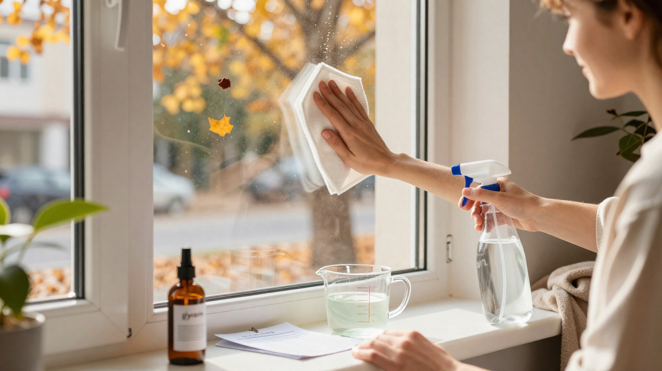 Person cleaning a window with a spray bottle and cloth during autumn, with fall leaves outside.