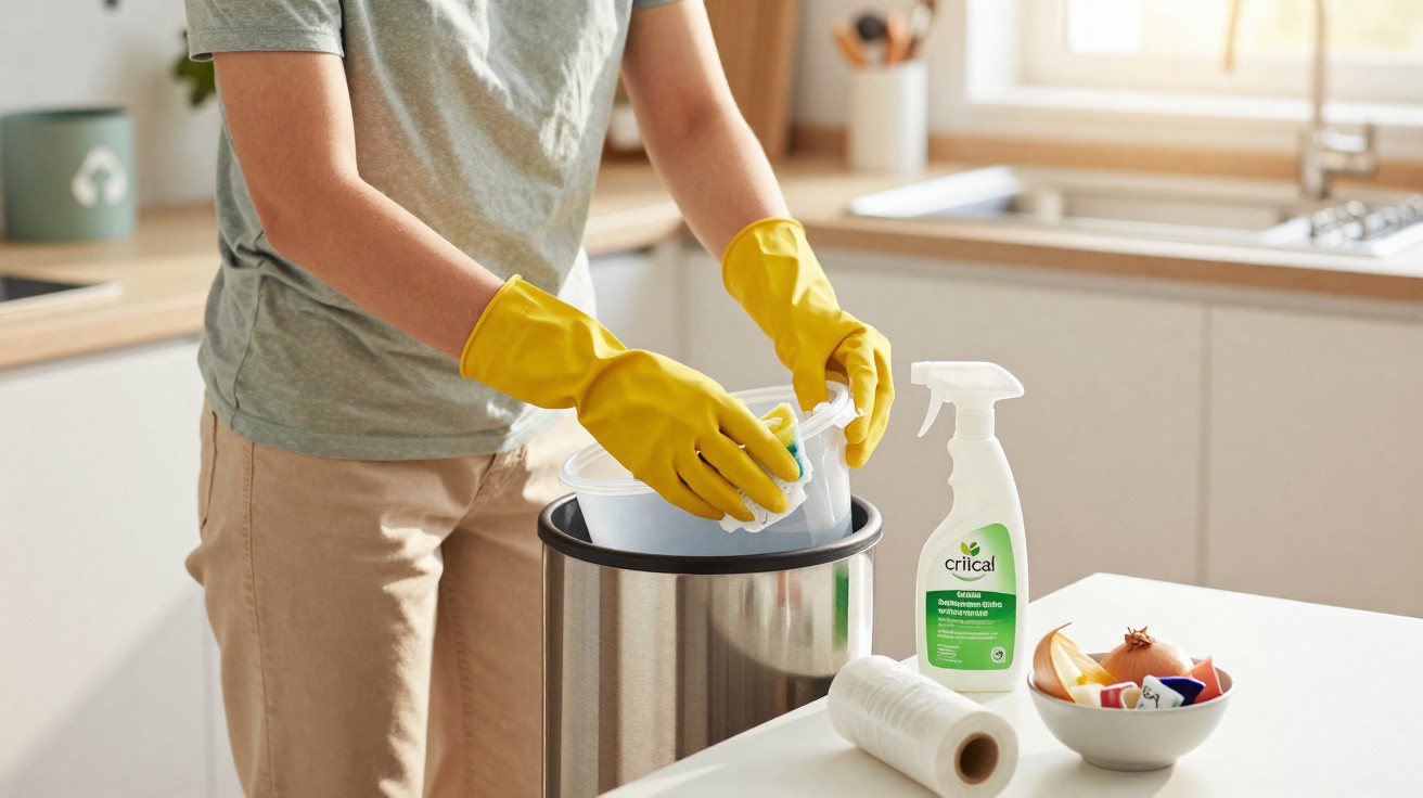 Person wearing yellow gloves disposing of plastic containers into a kitchen recycling bin next to cleaning spray and food was
