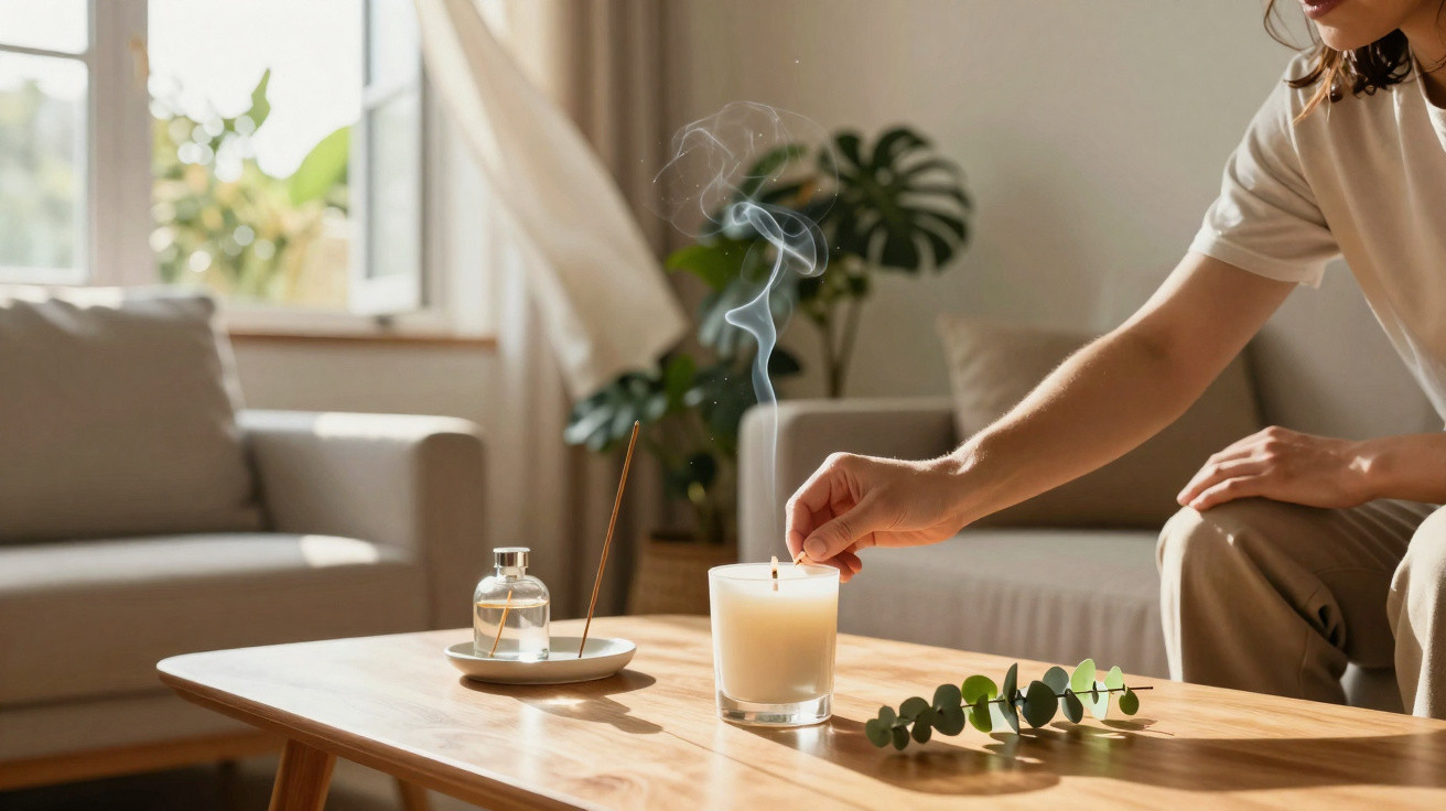 Person lighting a candle on a wooden table with incense and eucalyptus in a cosy living room.