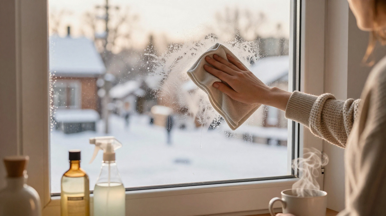 Person wiping steam off a window with a cloth on a cold snowy day, next to a steaming cup and cleaning bottles.