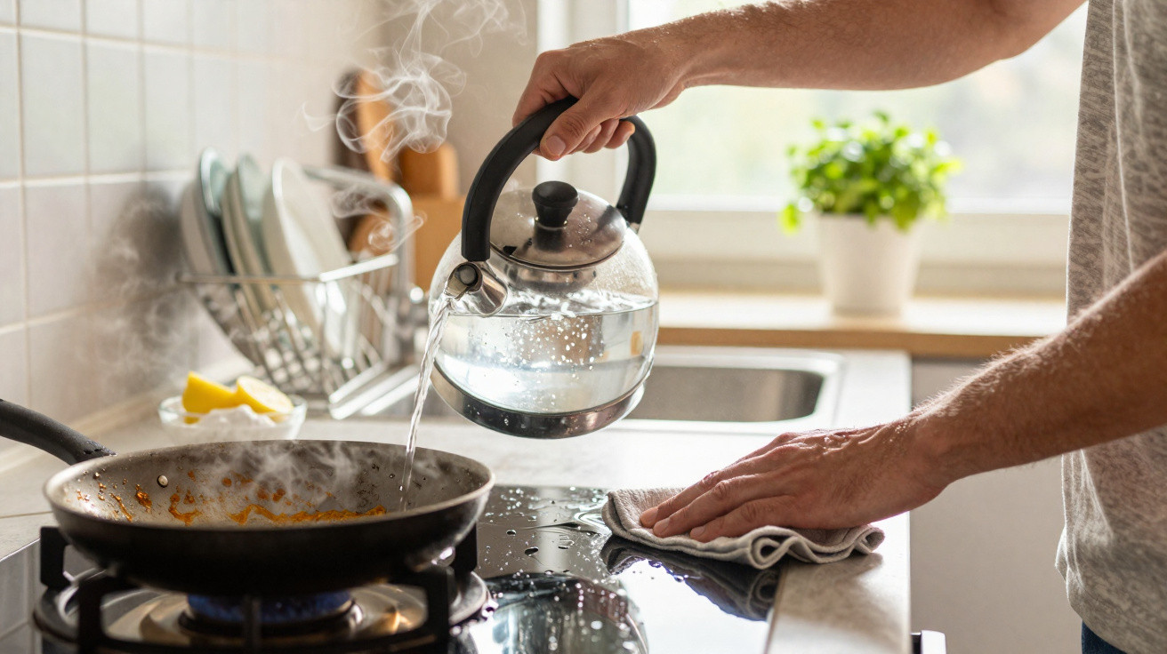 Person pouring boiling water from a glass kettle into a steaming frying pan on a gas stove.