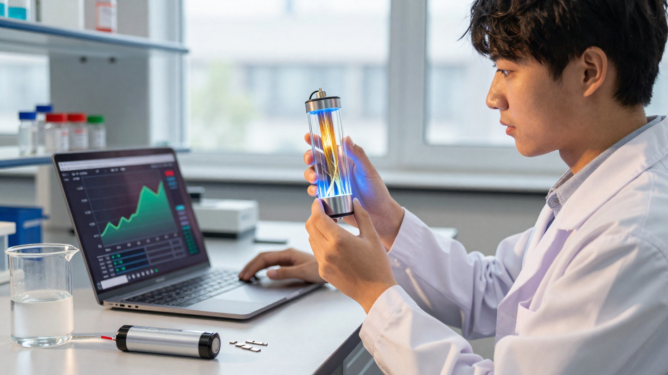 Scientist in lab coat examining a glowing cylindrical device with a laptop displaying data on a table.