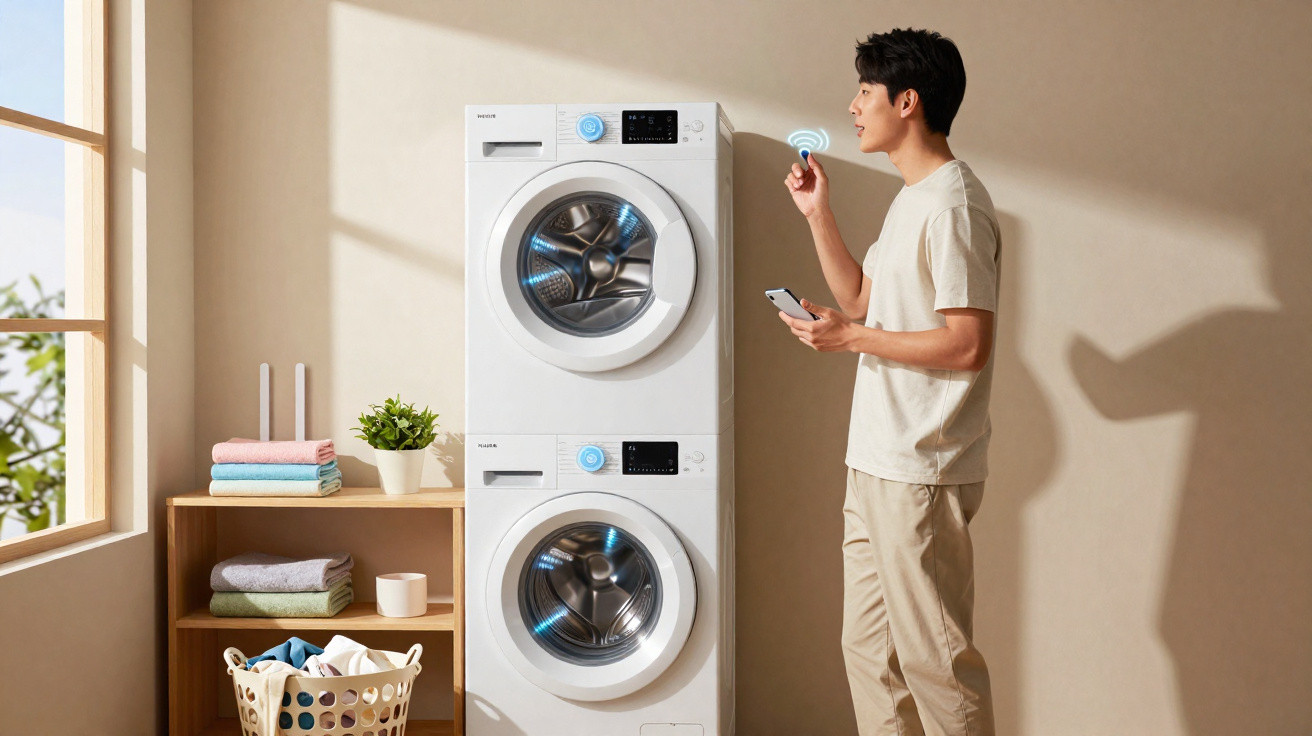Man controlling a smart stackable washer and dryer using voice command and smartphone in a laundry room.