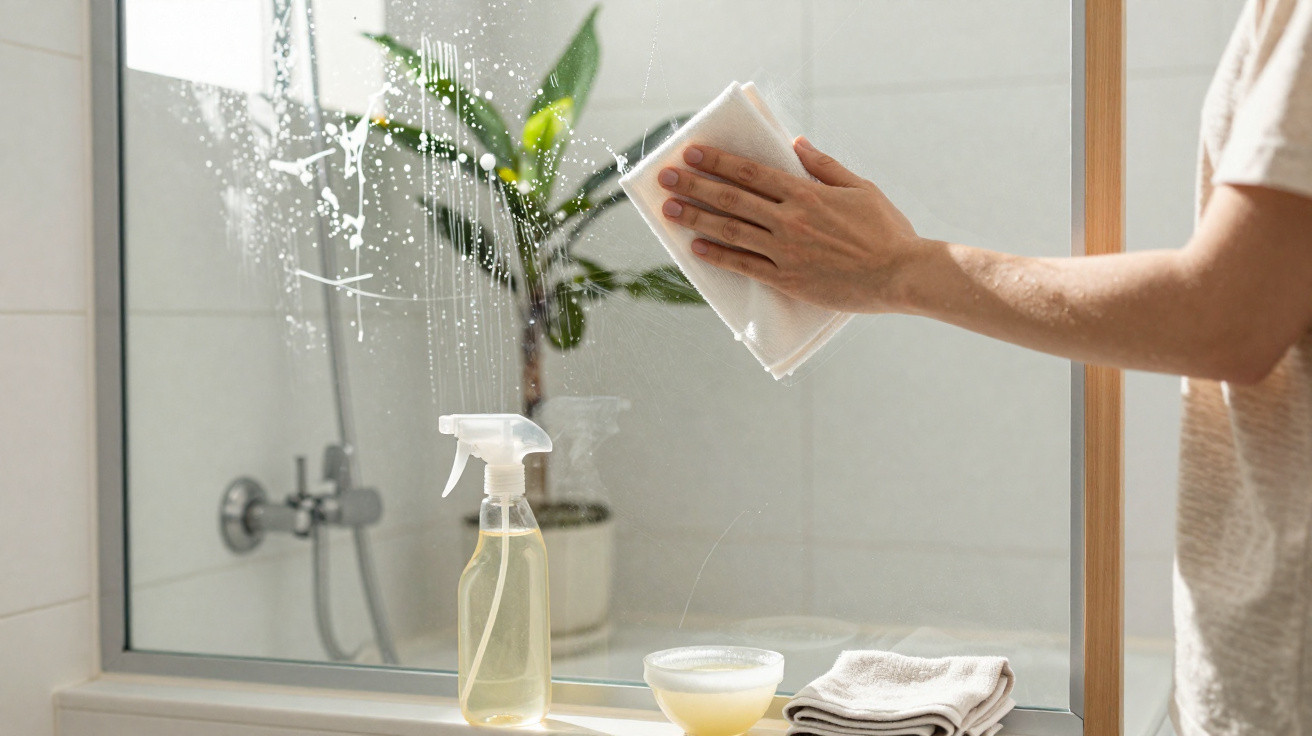 Person cleaning a bathroom mirror with a cloth and spray bottle near a potted plant and folded towels.