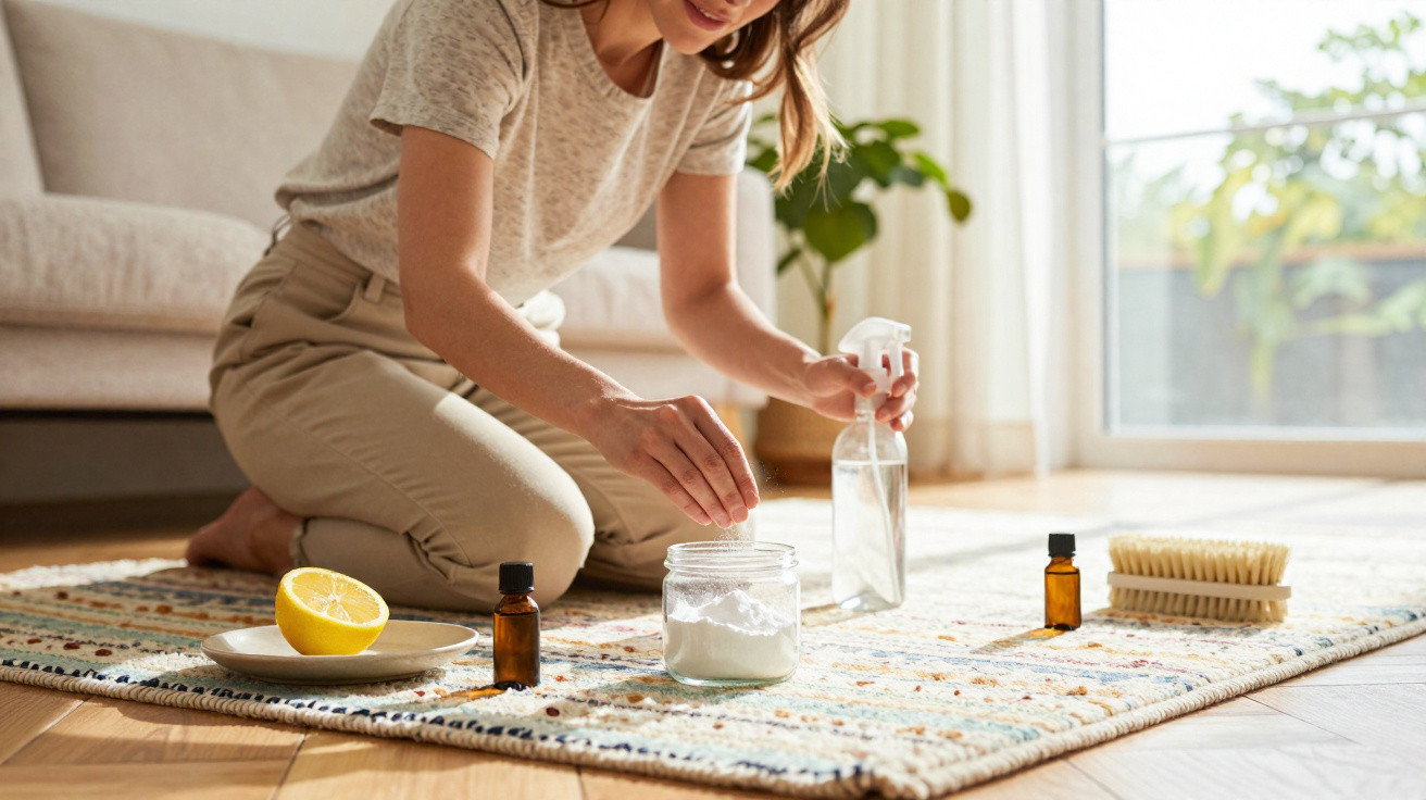 Person kneeling on a rug preparing natural cleaning spray with baking soda, lemon, and essential oils in a bright room.