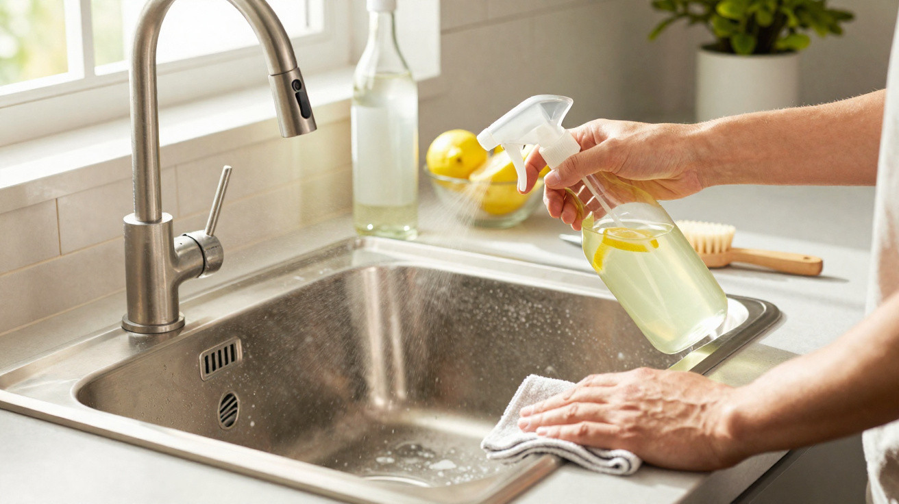 Person spraying lemon-scented cleaner on a stainless steel kitchen sink while wiping it with a cloth.