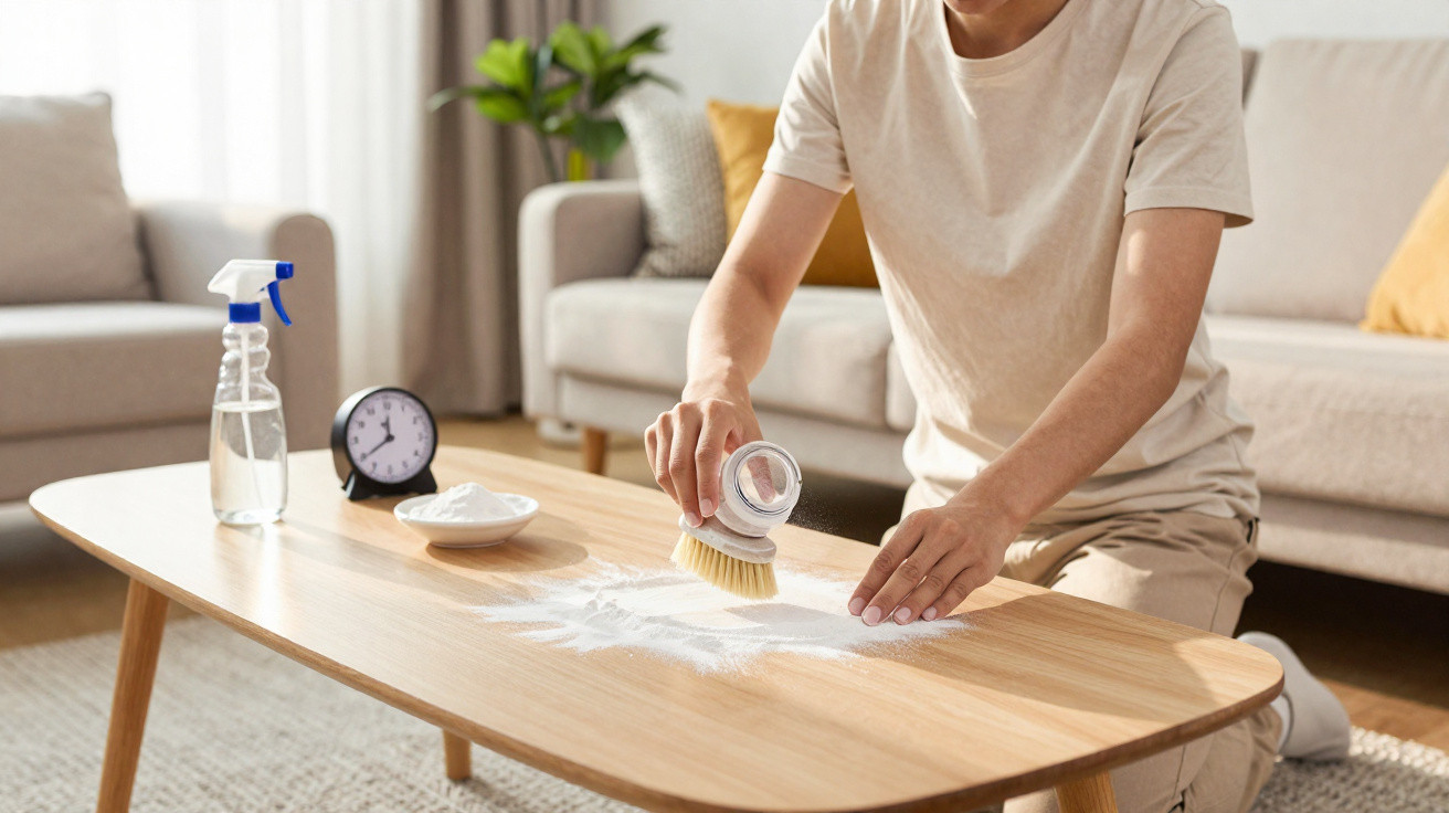Person cleaning wooden table with brush and powder in bright living room with sofas and spray bottle nearby