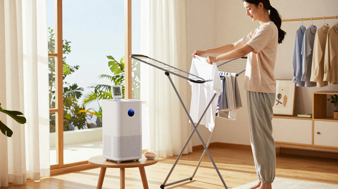 Woman hanging clothes on a drying rack in a sunlit room with an air purifier on a small table nearby.