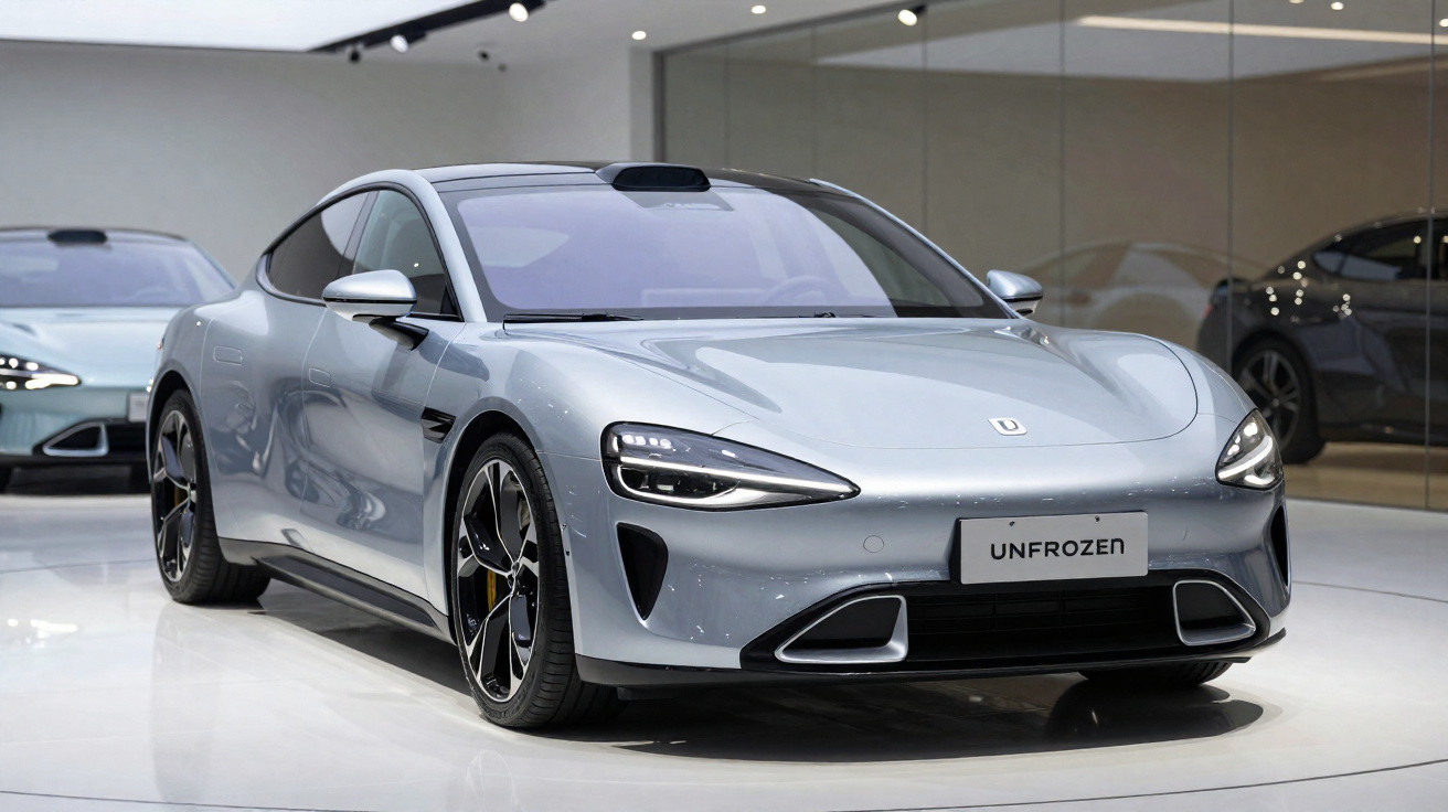Silver modern electric sports car displayed indoors with sleek aerodynamic body and black alloy wheels