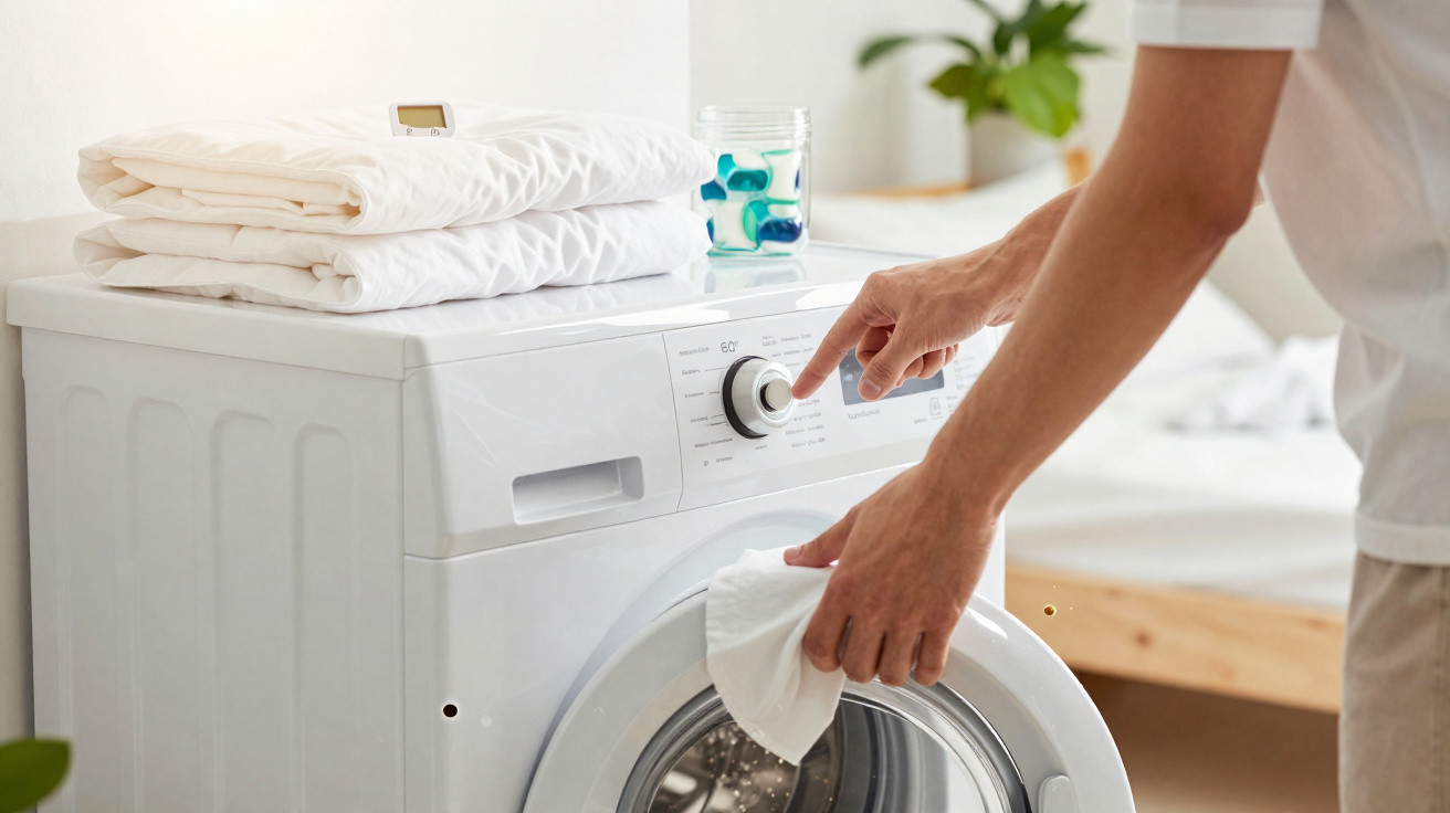 Person loading clothes into a front-loading washing machine in a bright laundry room.