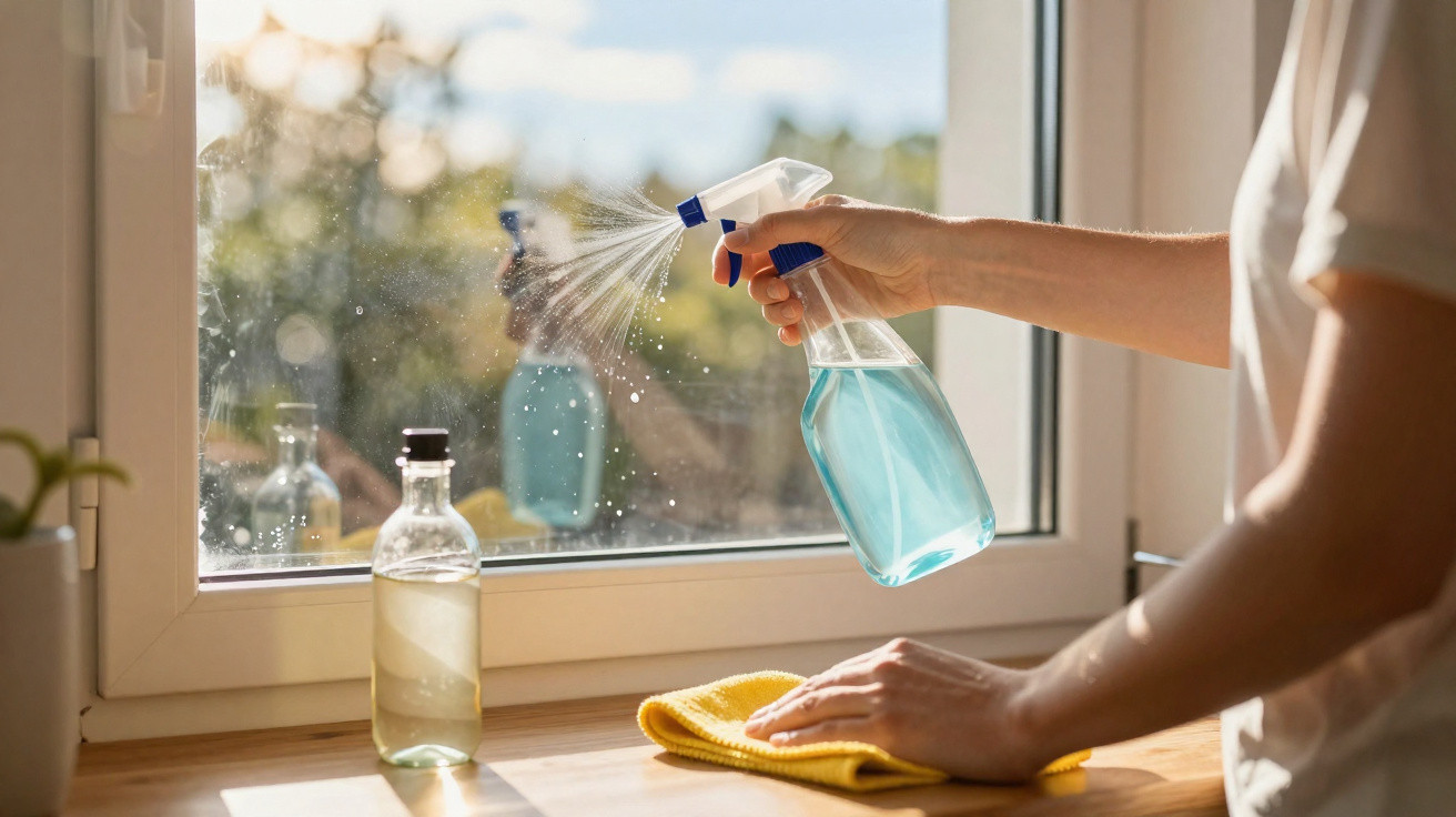 Person spraying blue cleaning solution onto a window with a yellow cloth on the wooden sill.