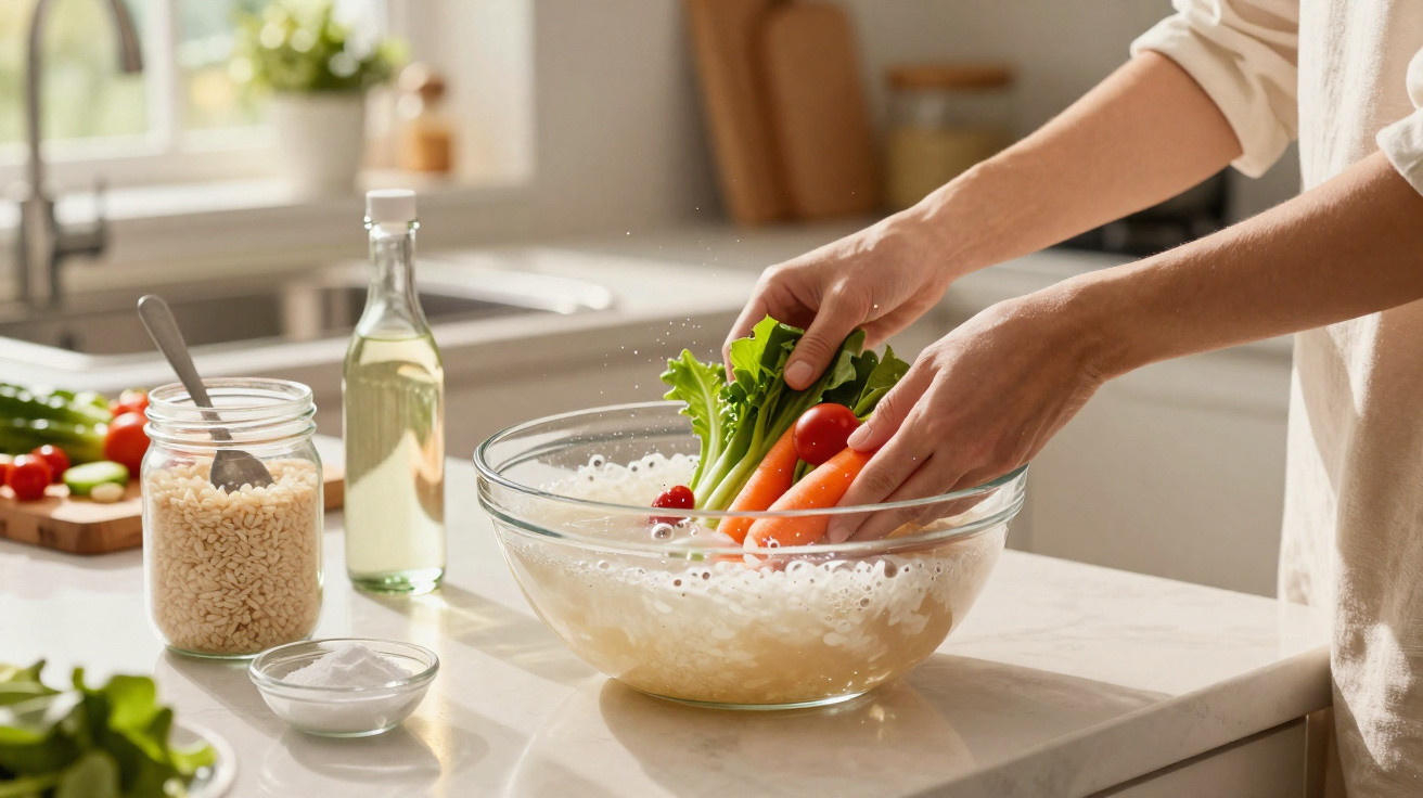 Person washing fresh carrots, cherry tomatoes, and lettuce in a glass bowl filled with water on kitchen counter.