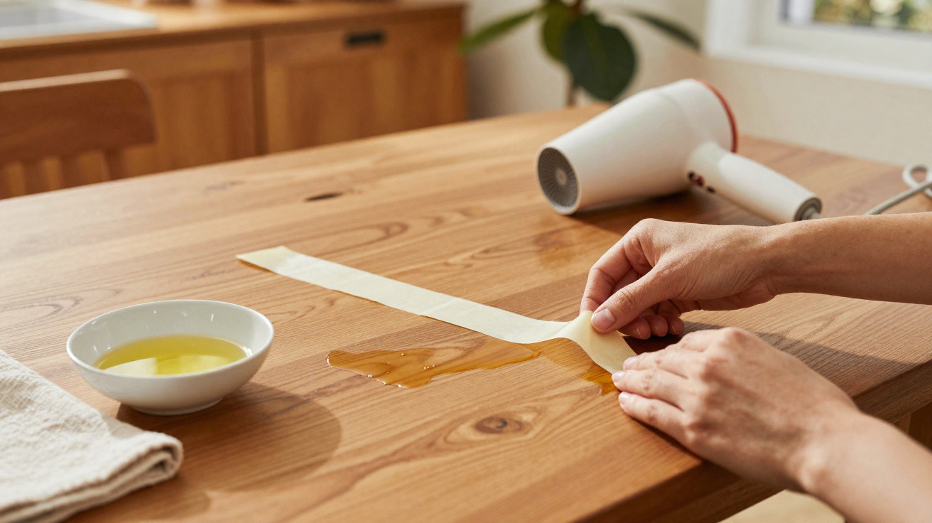 Person applying honey onto strip of waxing paper on wooden table with bowl and hair dryer nearby