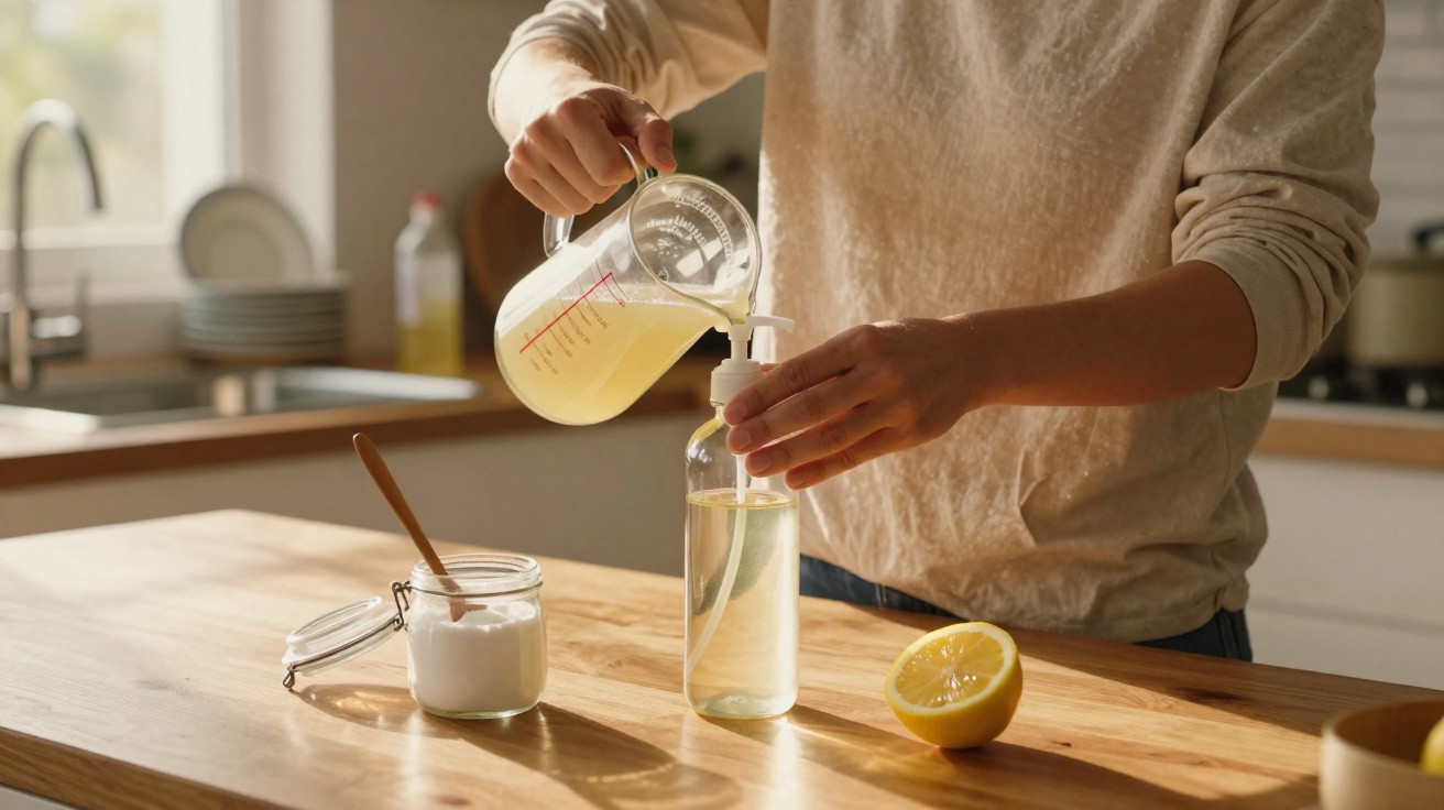 Person pouring liquid from a measuring jug into a pump bottle on a kitchen counter with lemon and jar of baking soda.