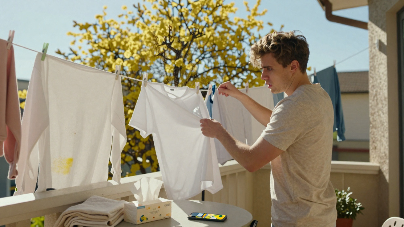 Young man hanging white laundry on a clothesline on a sunny balcony with spring blossoms in the background.