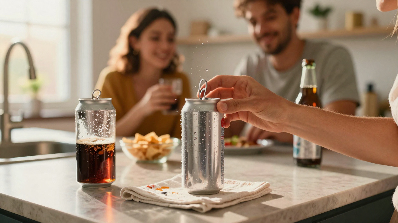 Hand reaching for a cold drink can on a kitchen counter with two people smiling in the background.