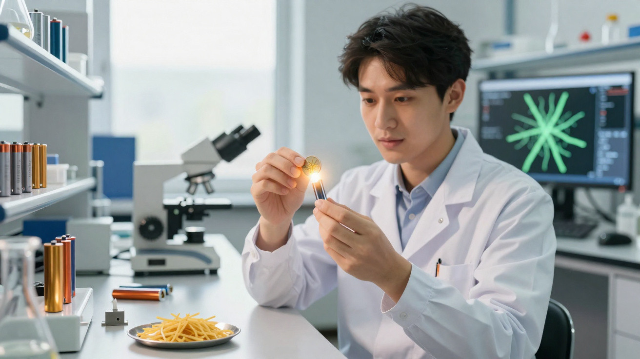 Scientist in lab coat examining a glowing battery with a plate of spaghetti and microscope nearby in a laboratory.