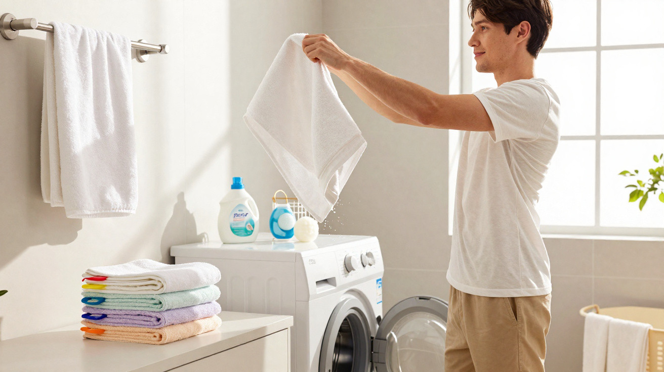 Man holding a wet white towel over a washing machine in a bright laundry room with neatly folded towels.