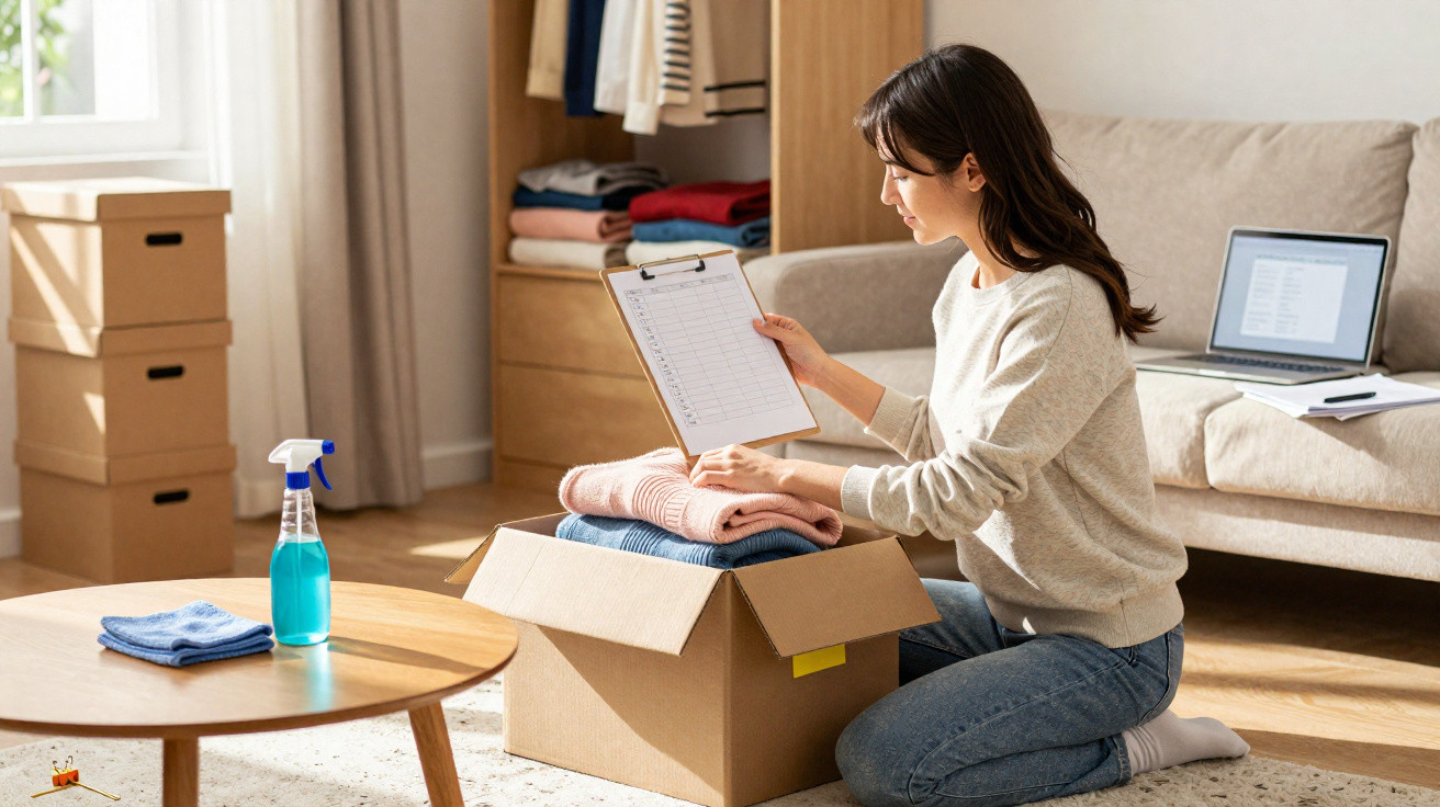 Woman sitting on floor packing folded clothes into cardboard box while checking list on clipboard in living room