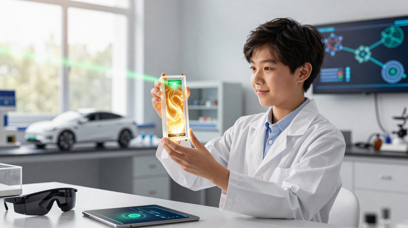 Young scientist in white coat holding futuristic device emitting green laser in modern lab.