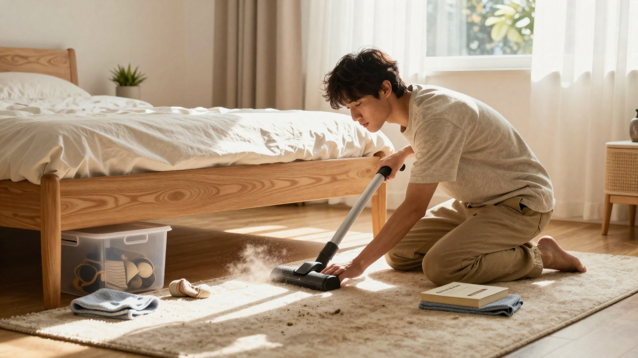 Man kneeling on a rug vacuuming dust in a sunlit bedroom with a wooden bed and window curtains.