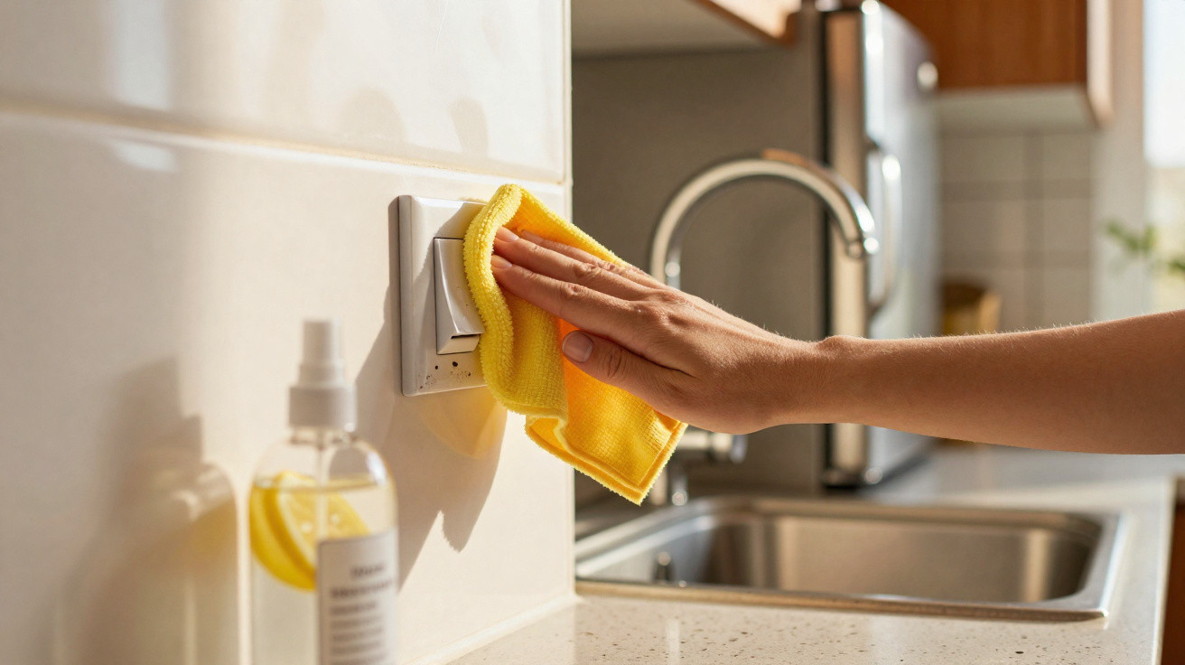 Hand wiping a light switch with a yellow cloth in a clean kitchen near a sink and lemon-scented spray bottle.